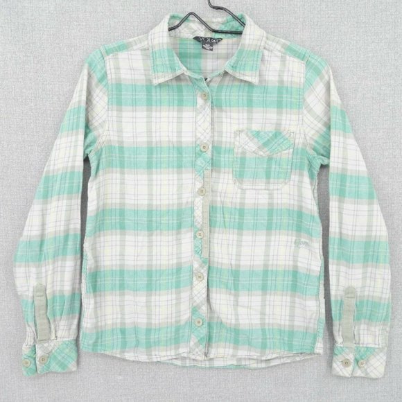Volcom Shirt Women Small Green Plaid Flannel Long Sleeve Button Front Collared - Picture 1 of 9